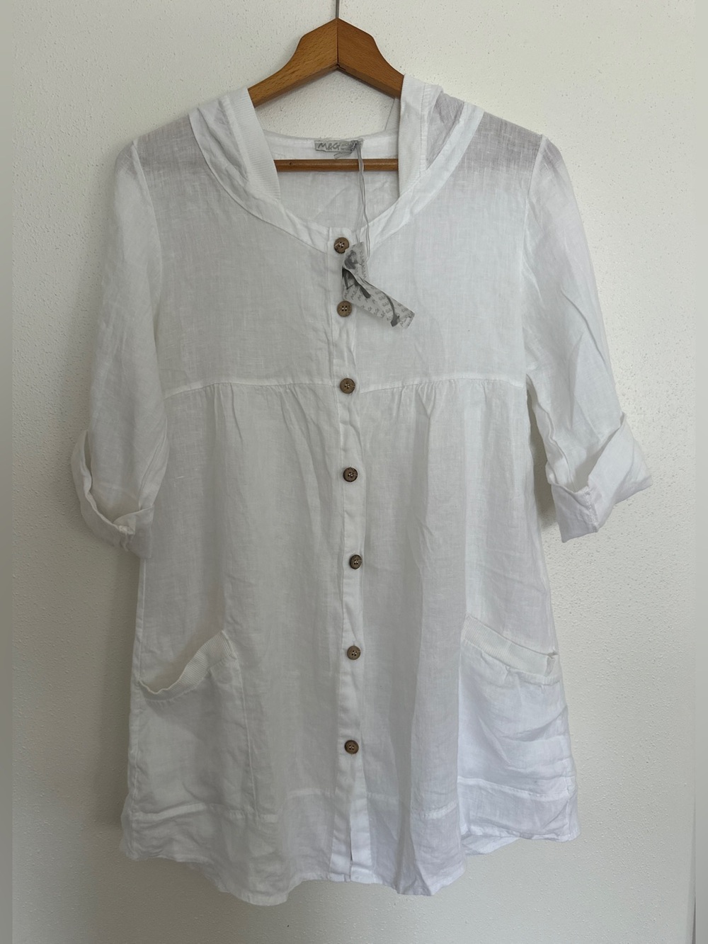 M&G Linen Hooded Tunic Shirt Small NWT White Swim Cover Up Boho Beach